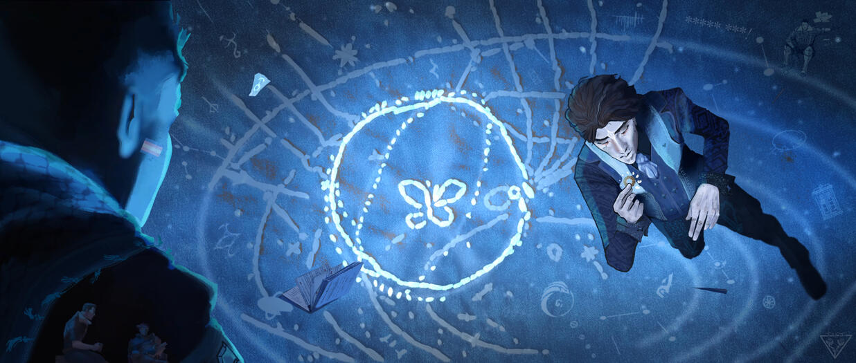 Time to Frame it - 766 A multi-media redraw of the jayvik floating scene. The background is white embroidery on blue fabric, with a butterfly surrounded by stars. The rest is digital art; Viktor is holding a small gear, and Jayce observes him.